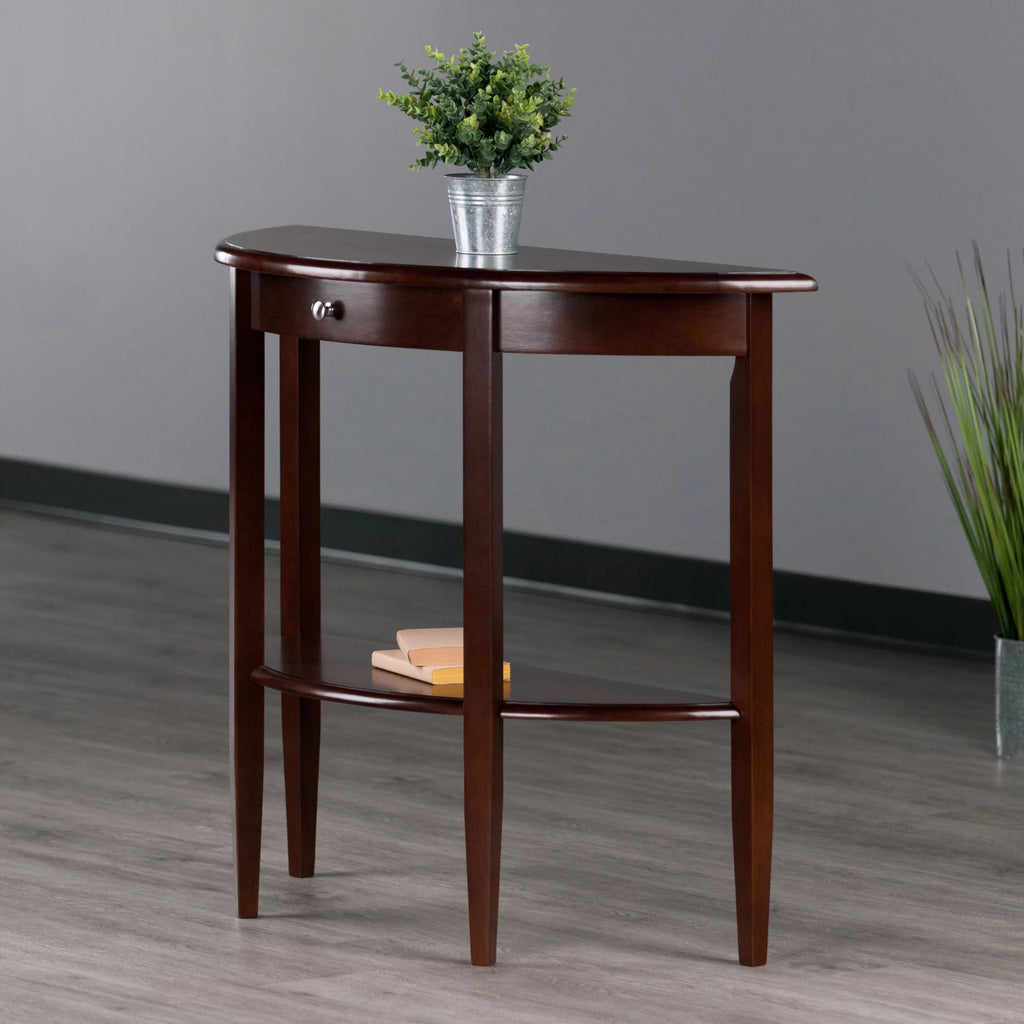 Walnut Half Moon Console Table with Drawer and Shelf N461174