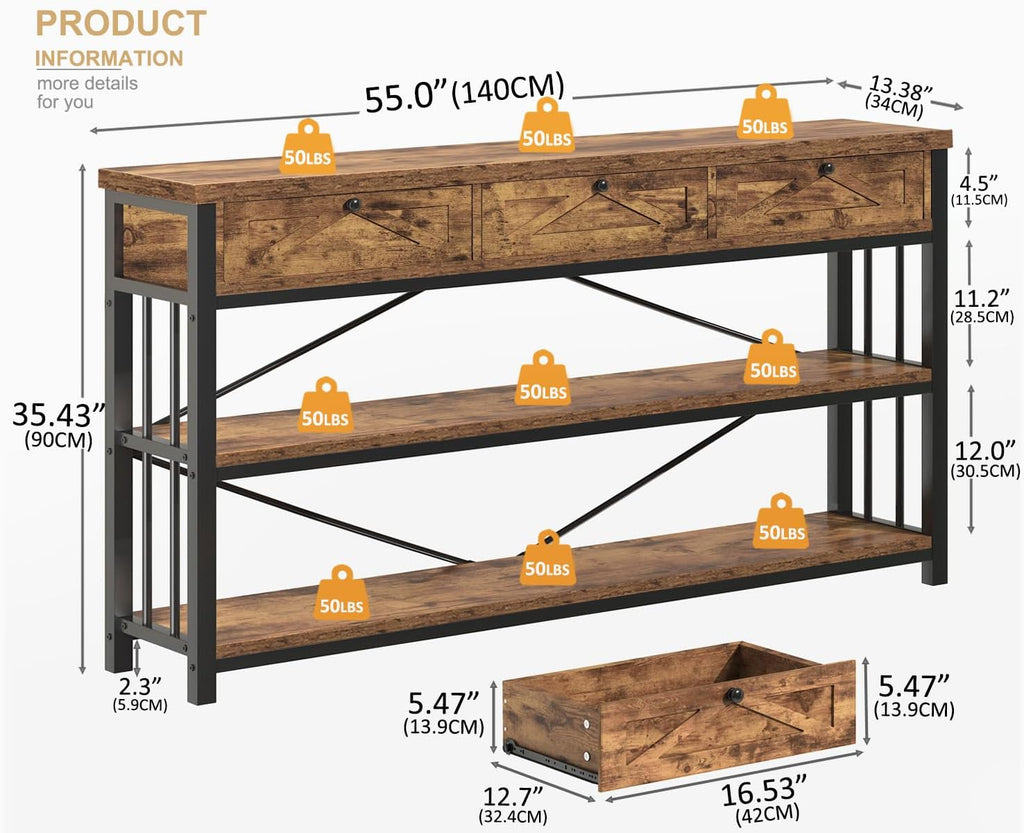 Rustic Brown 55 inch Wood Metal 3 Drawer Console Table K962