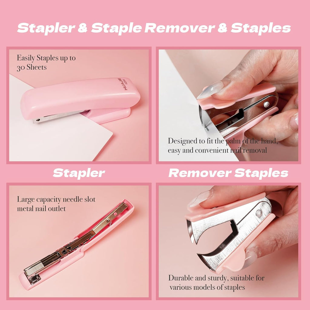 Pink Office Supplies Set with Stapler, Tape Dispenser, Pen Holder, 1000 Staples K26377