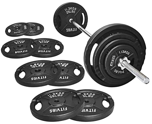 95-Pound Cast Iron Standard Weight Plates Set with 5FT Standard Barbell and Star Locks J736491