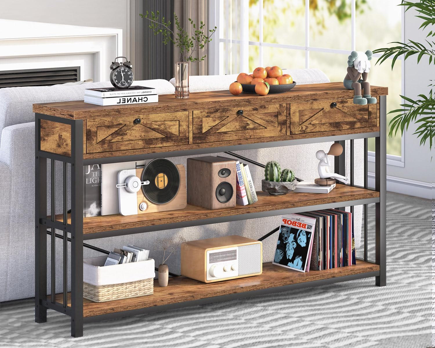 Rustic Brown 55 inch Wood Metal 3 Drawer Console Table K962