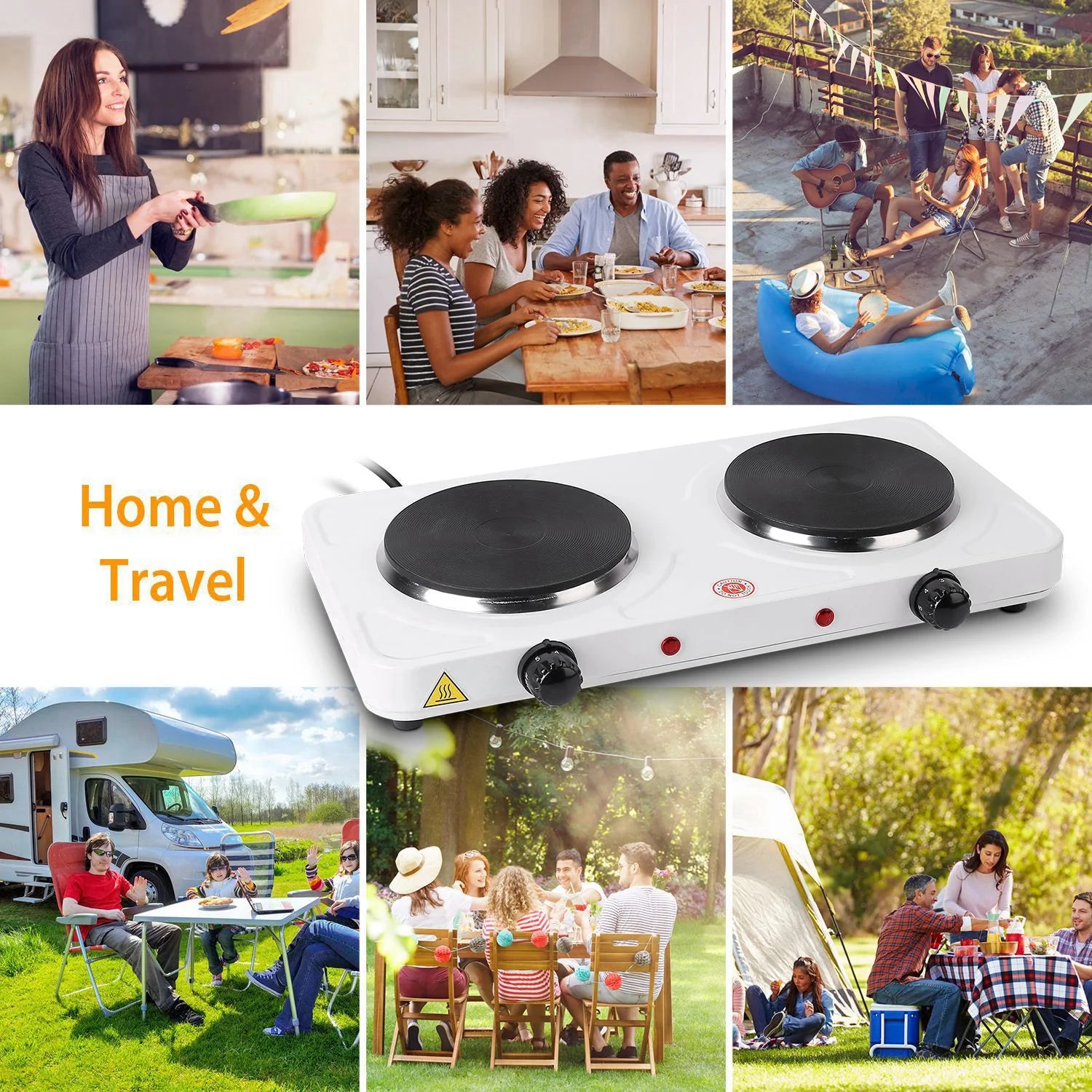 Electric Double Burner Portable Cooktop Countertop Dual Flat Burner Hot Plate Kitchen Cooker Stove with 5 Gear Temperature Control C8304