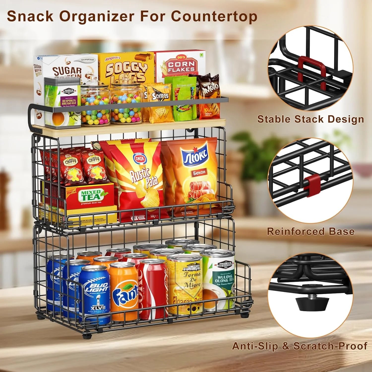 Black 3-Tier Stackable Snack Organizer with Pine Wood Top W44135