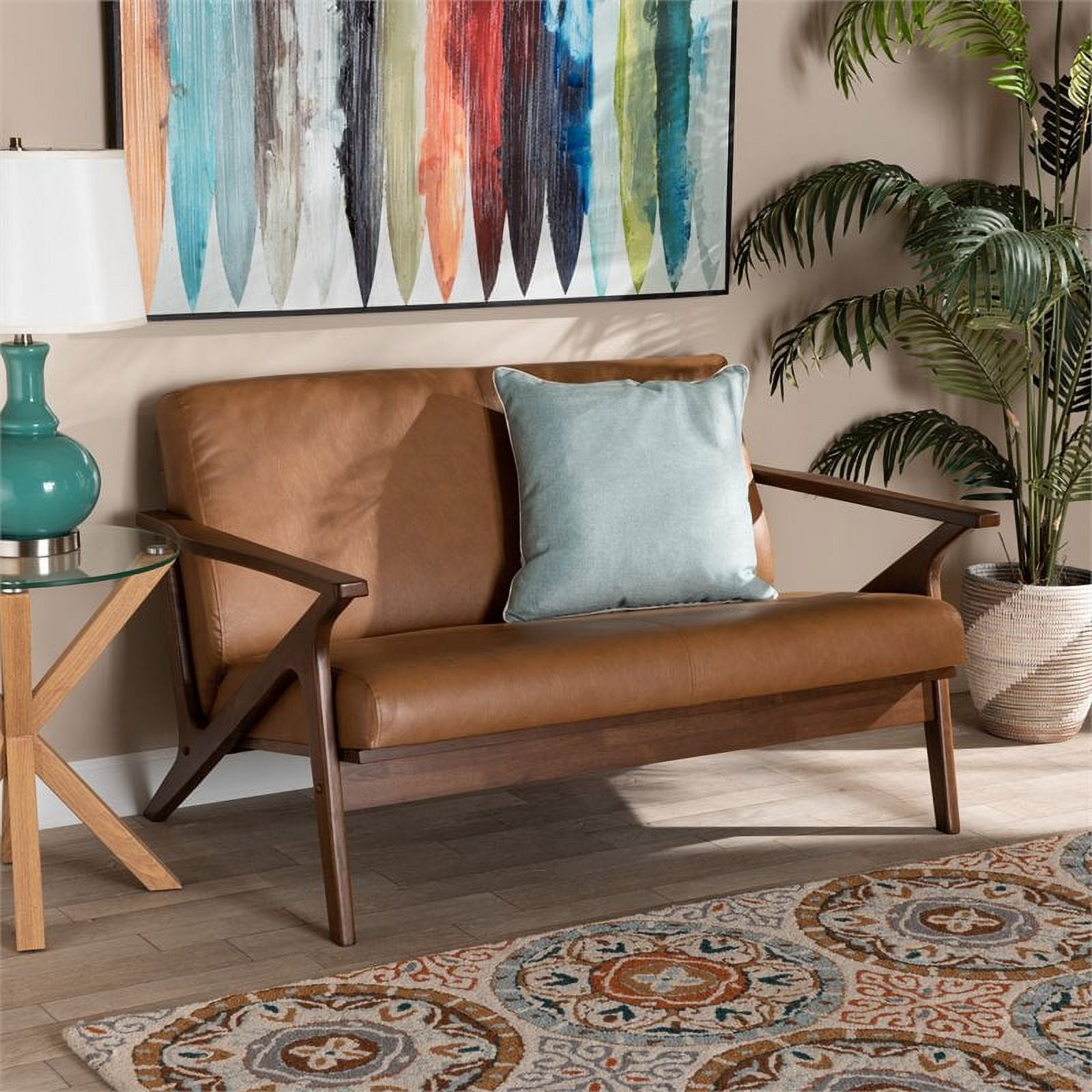 Walnut Brown/Tan Wood Faux Leather Loveseat R7179