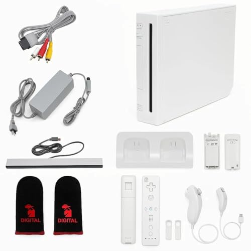 White Wii Console with 2 Remotes, 2 Nunchucks, Dual Dock Stand, Sensor Bar, AV Cable and 2 Gaming Sleeves K94767
