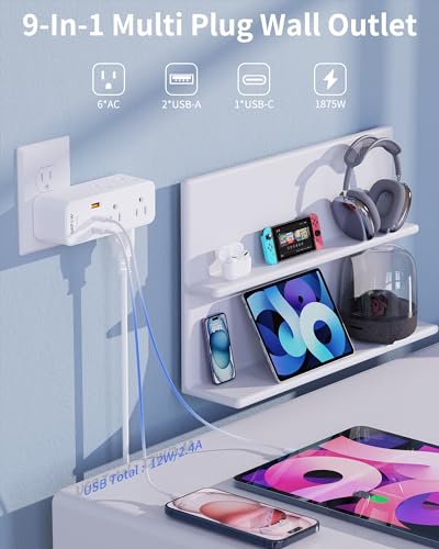 White 6AC 3USB Wall Outlet Extender with Rotating Plug W45773