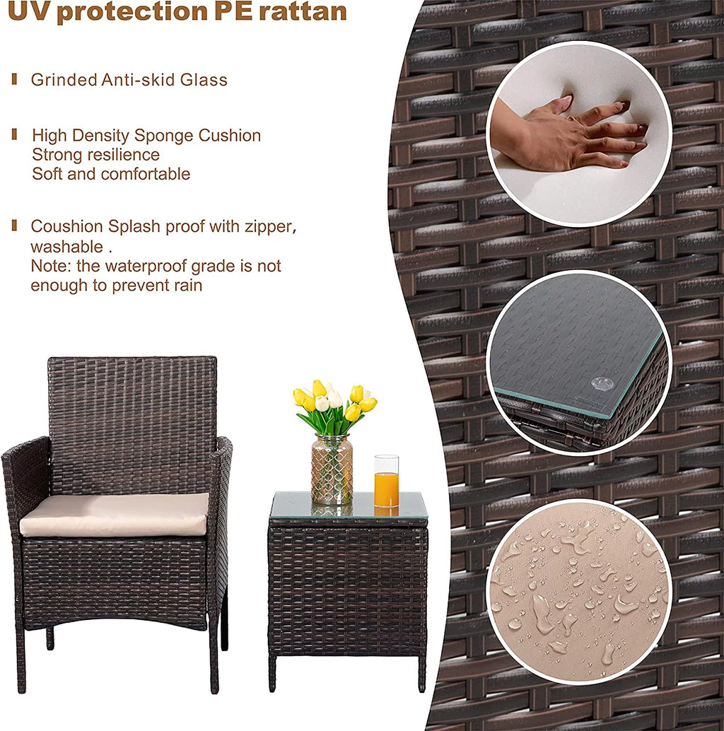 3 Pieces Outdoor Patio Furniture Set with Cushions and Coffee Table Brown C379