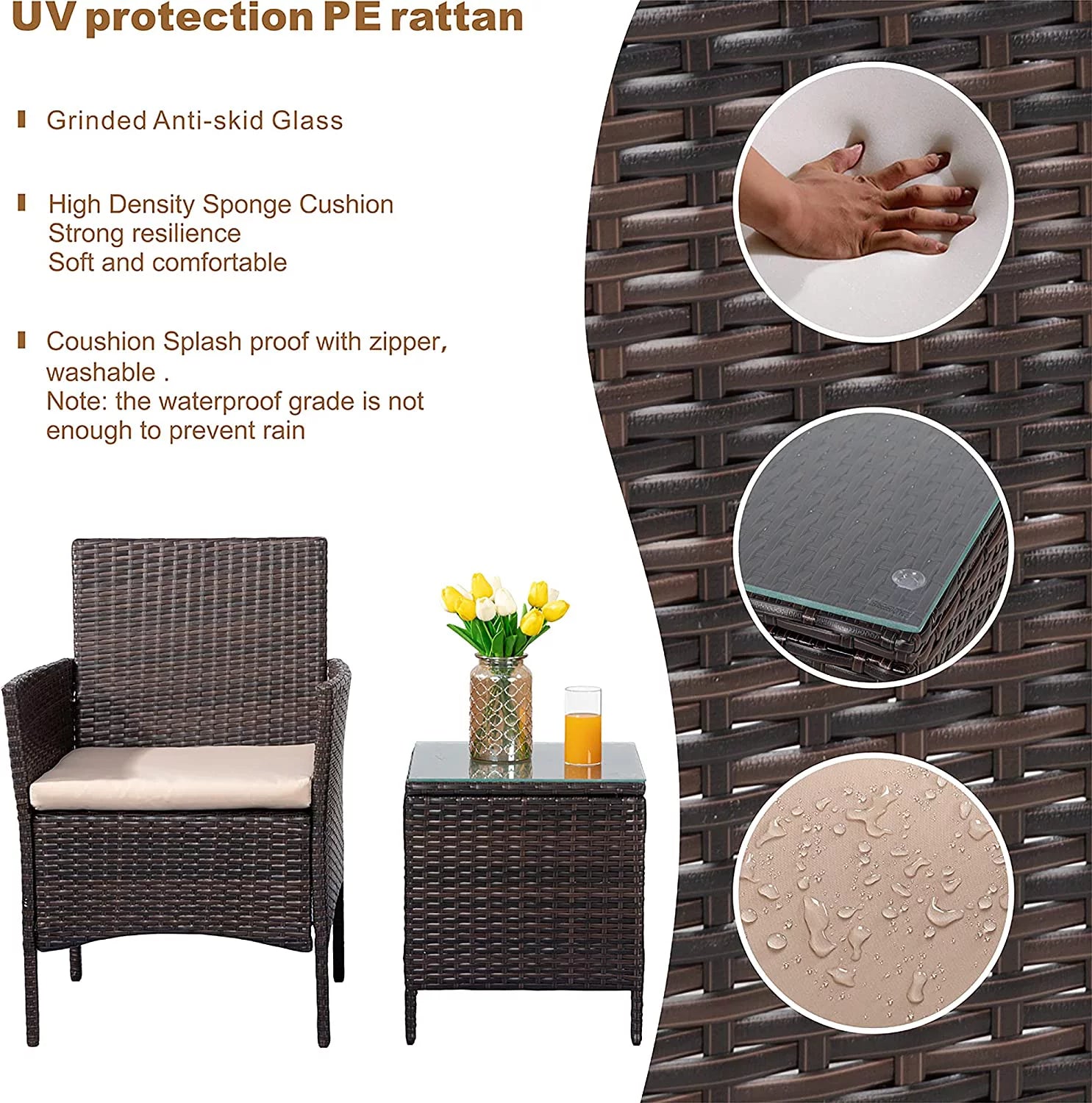 3 Pieces Outdoor Patio Furniture Set with Cushions and Coffee Table Brown C379