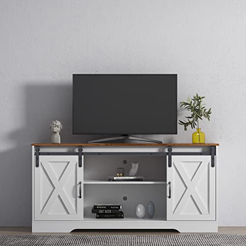 White 59 Inch Wood TV Stand with Sliding Barn Doors F7941