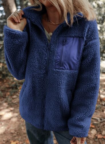 Womens Fleece Jackets Long Sleeve Warm Teddy Coats with Pockets A7965