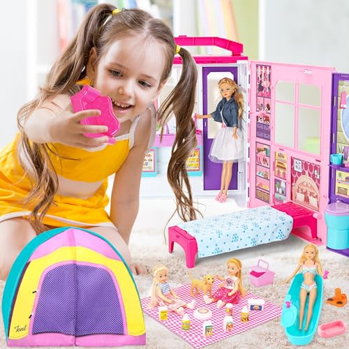 Portable Foldable Dollhouse with 60+ Pcs & 2 Dolls C983