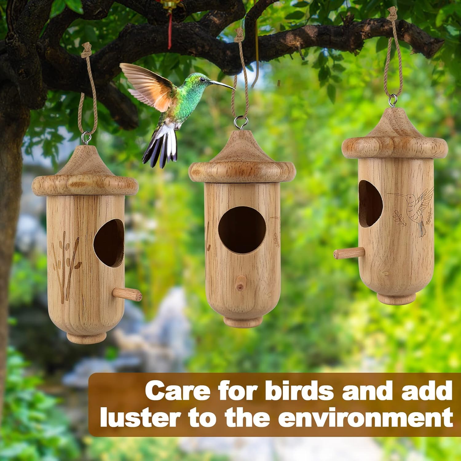 3 Pack Wooden Hummingbird House with Hemp Ropes K46140