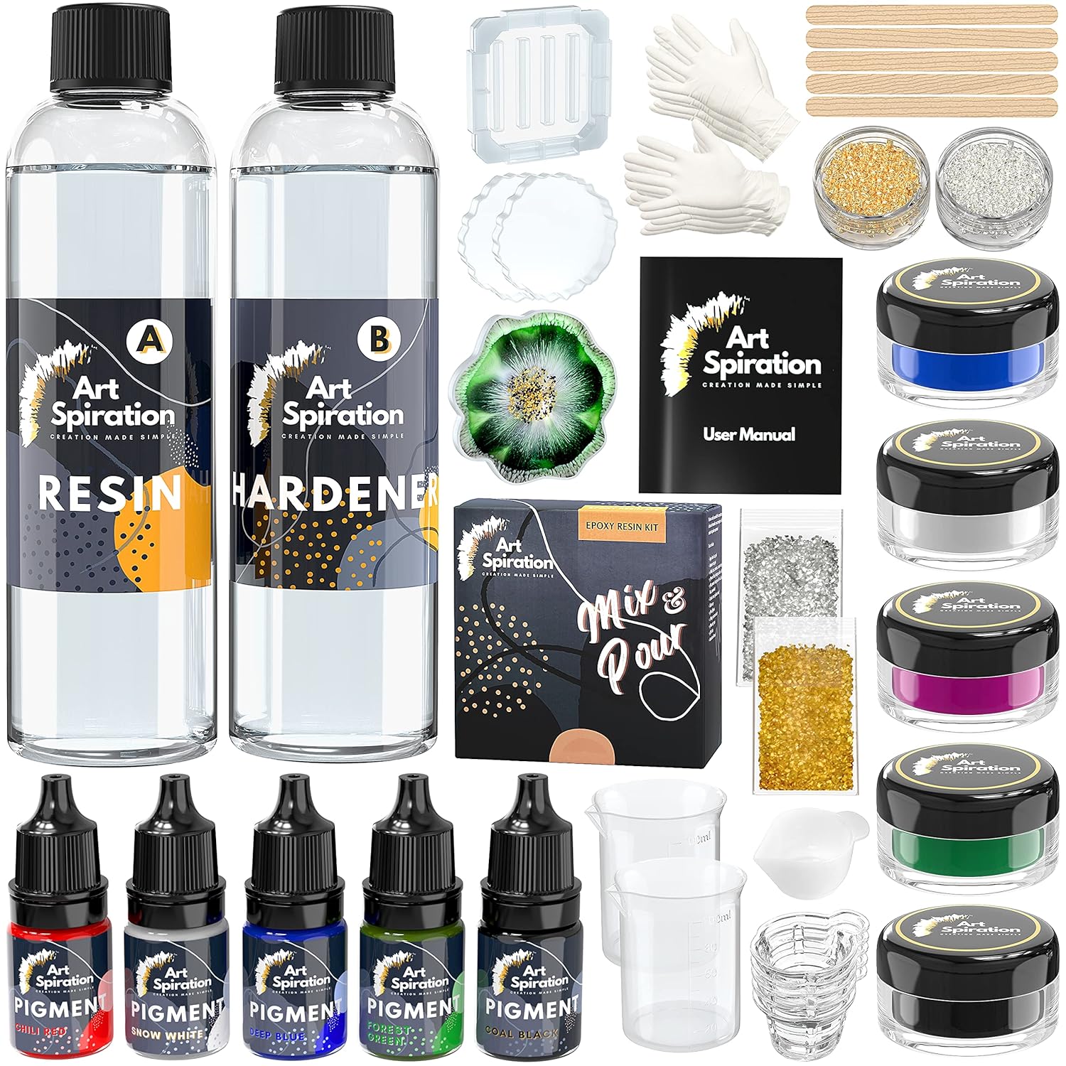 16 Oz Epoxy Resin Kit with Mica Powder, Silicone Molds, Crushed Glass E80753