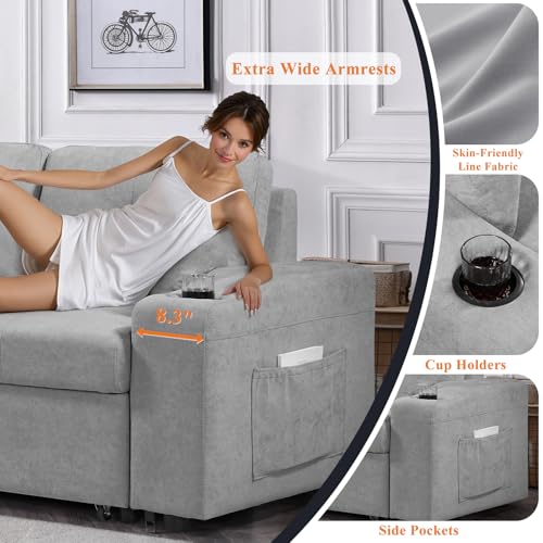 92" Reversible Sleeper Sectional Sofa with Storage Chaise, Light Gray Linen Fabric W176