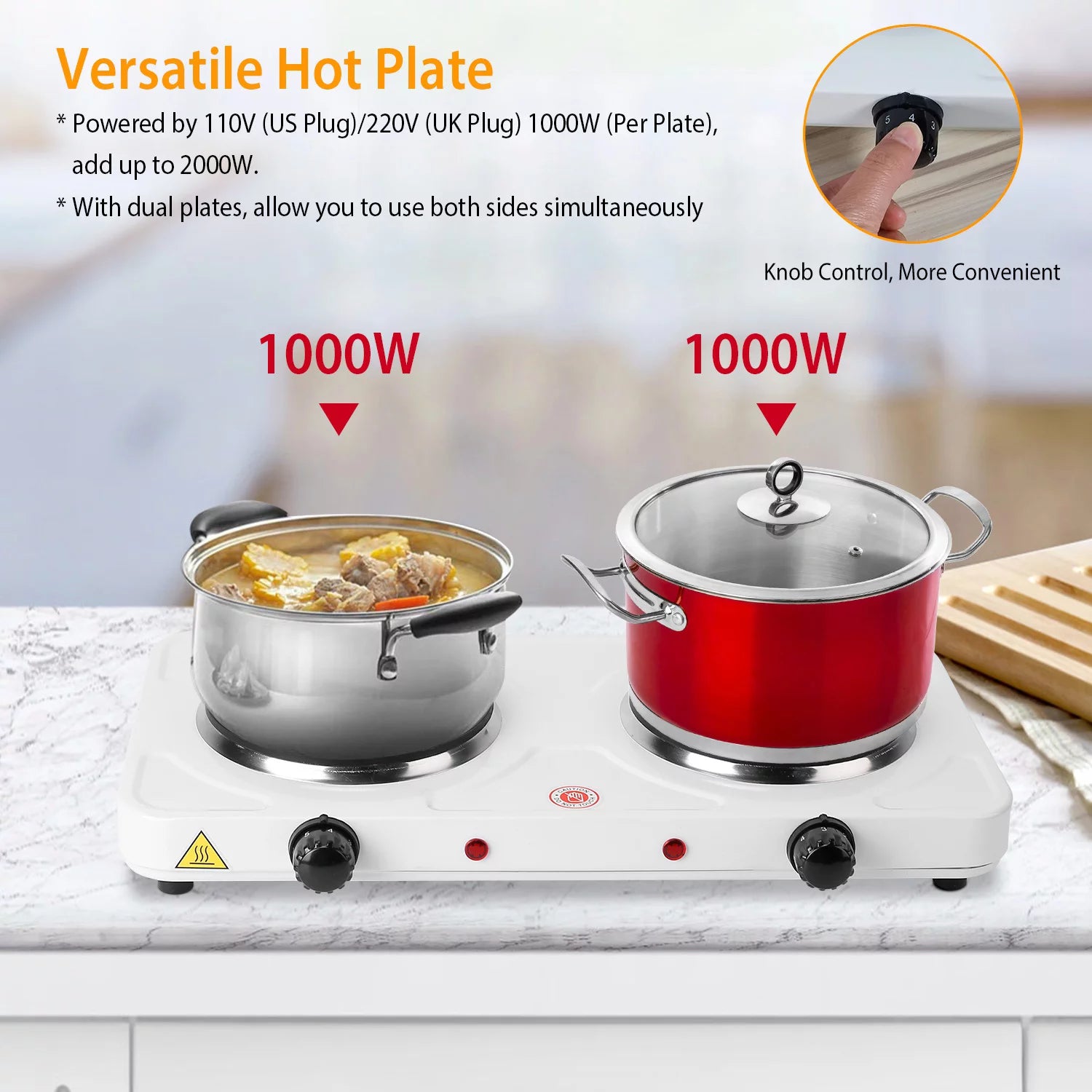Electric Double Burner Portable Cooktop Countertop Dual Flat Burner Hot Plate Kitchen Cooker Stove with 5 Gear Temperature Control C8304