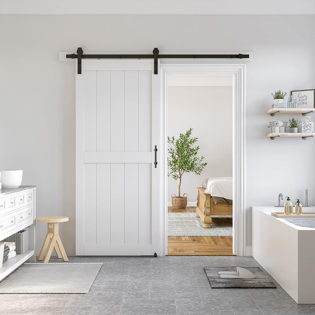White Sliding MDF Barn Door with Black Sliding Door Hardware Kit Q7512