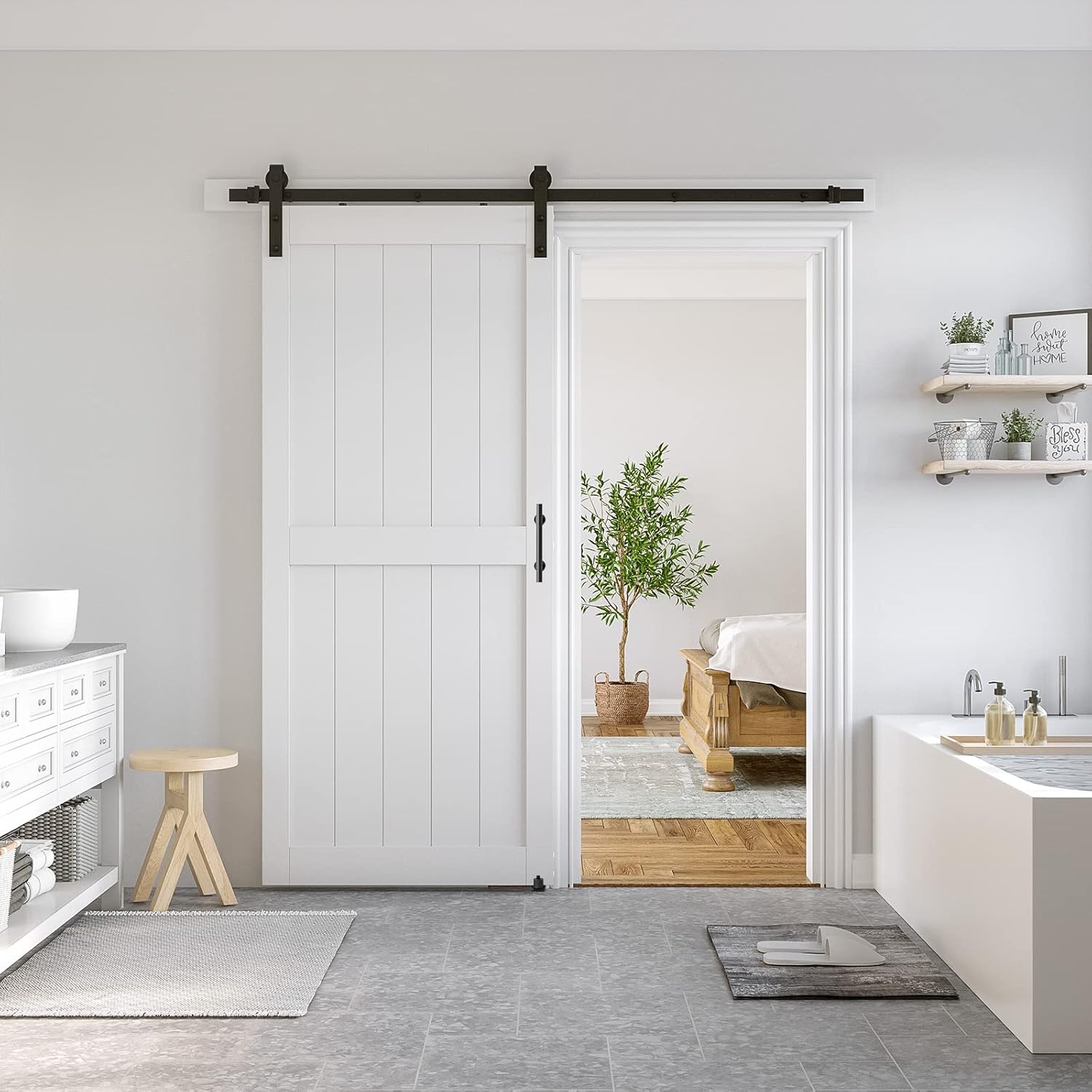 White Sliding MDF Barn Door with Black Sliding Door Hardware Kit Q7512