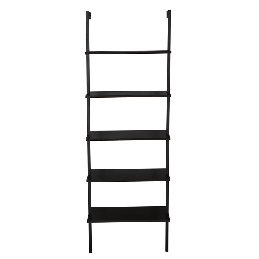 Dark Walnut 5-Shelf Wood Ladder Bookcase with Metal Frame T763088