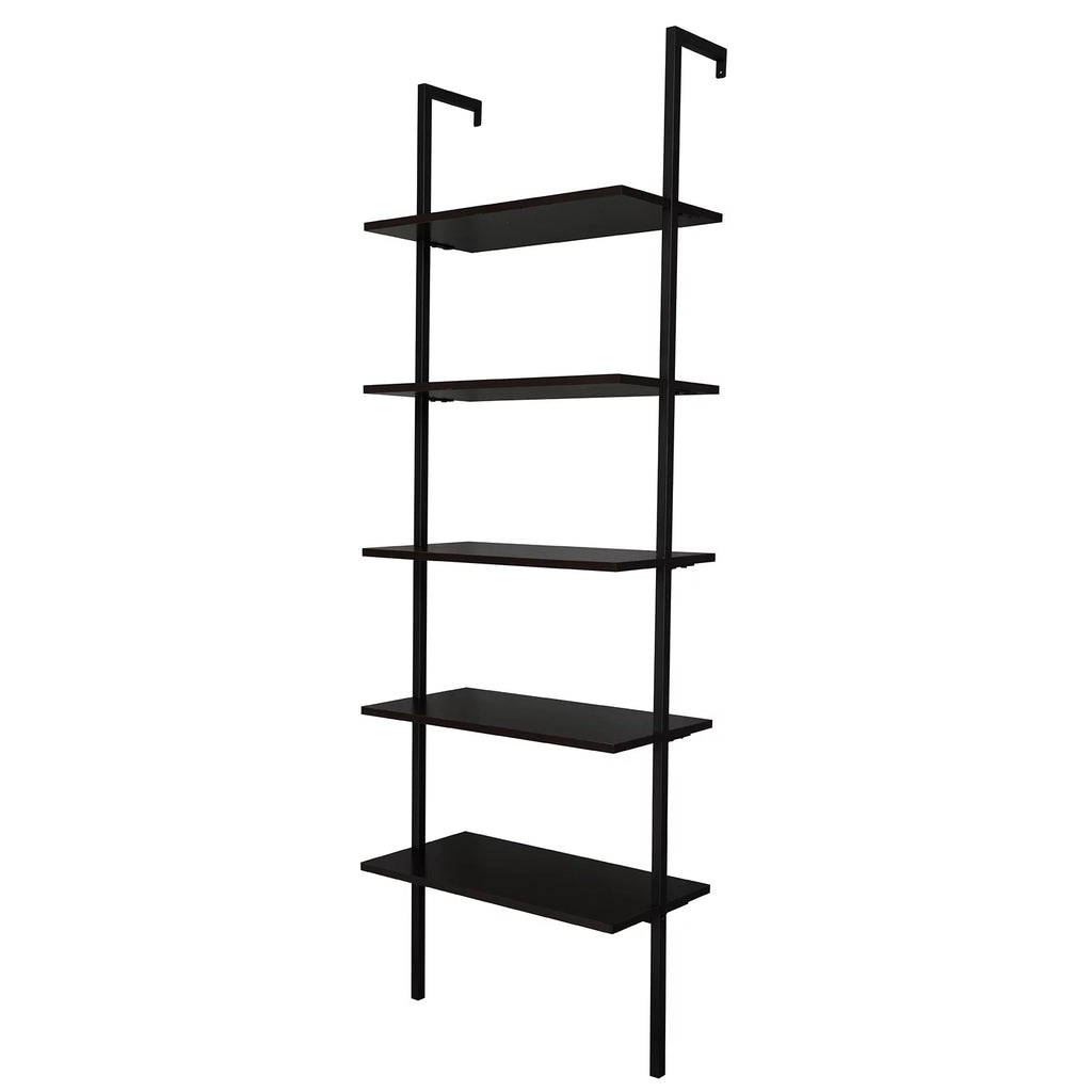 Dark Walnut 5-Shelf Wood Ladder Bookcase with Metal Frame T763088
