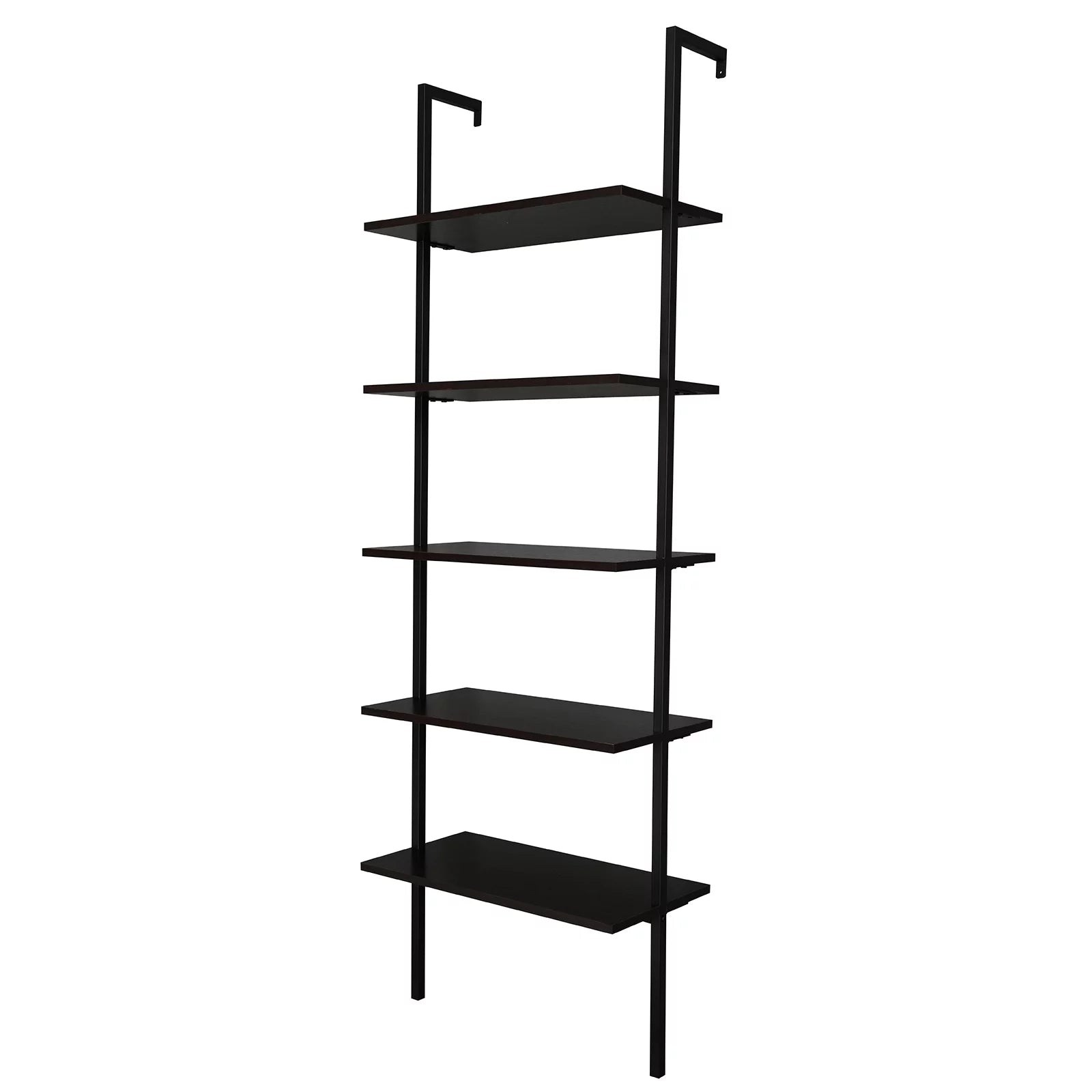 Dark Walnut 5-Shelf Wood Ladder Bookcase with Metal Frame T763088