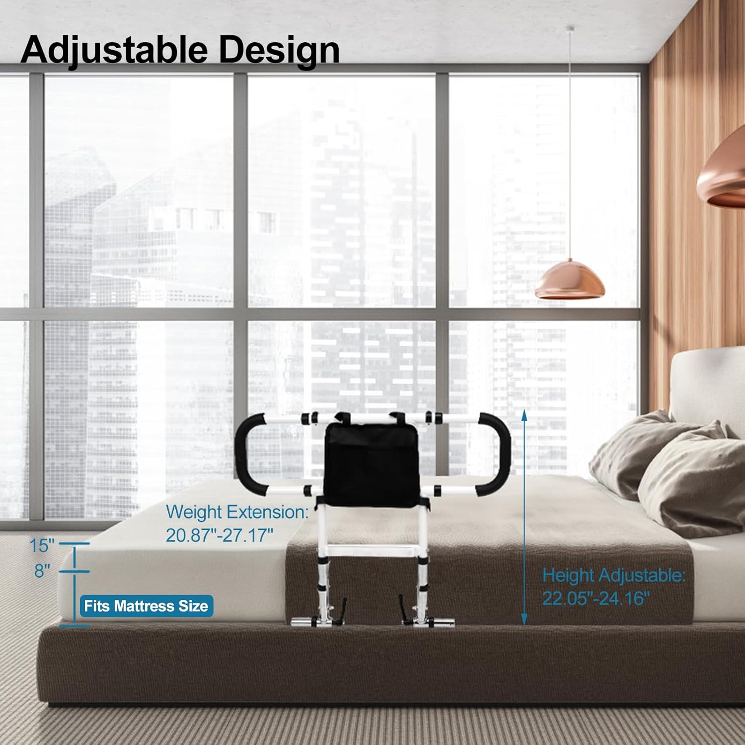 Bed Rail with Adjustable Height & Extendable Dual Side Handles O14884