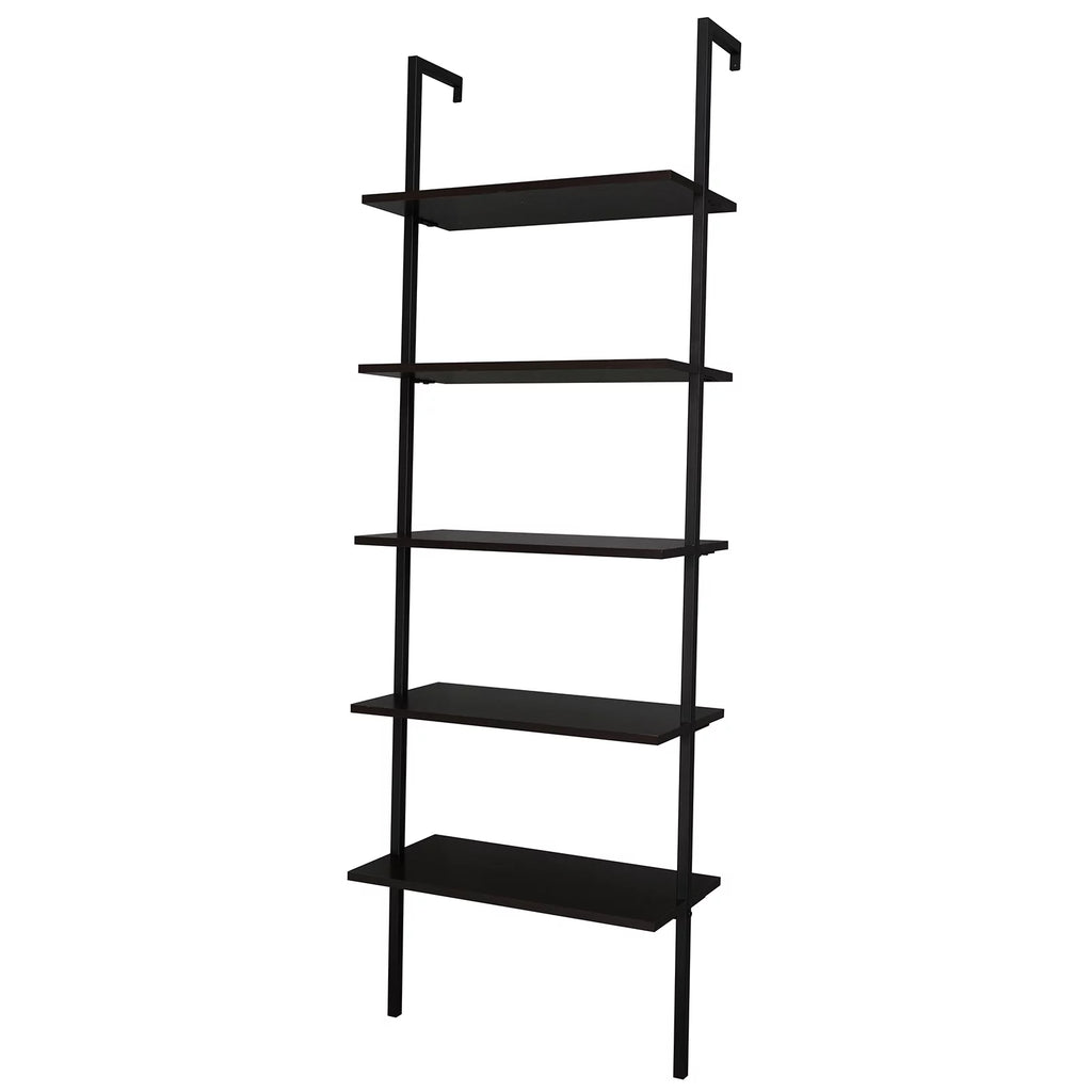 Dark Walnut 5-Shelf Wood Ladder Bookcase with Metal Frame T763088