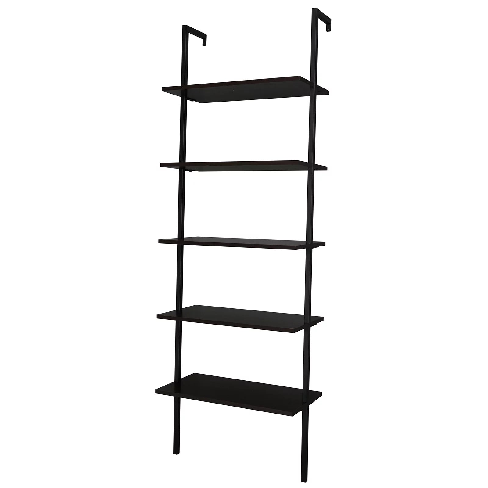 Dark Walnut 5-Shelf Wood Ladder Bookcase with Metal Frame T763088