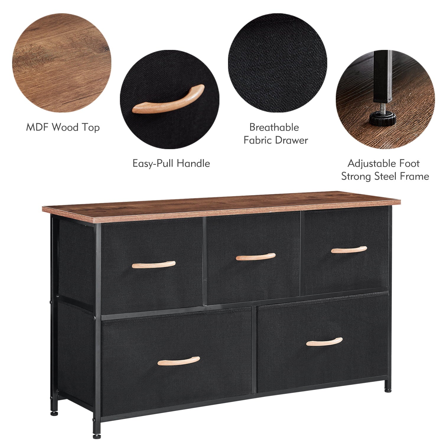 5 Drawer Steel Frame Wood Top Dresser Y5351