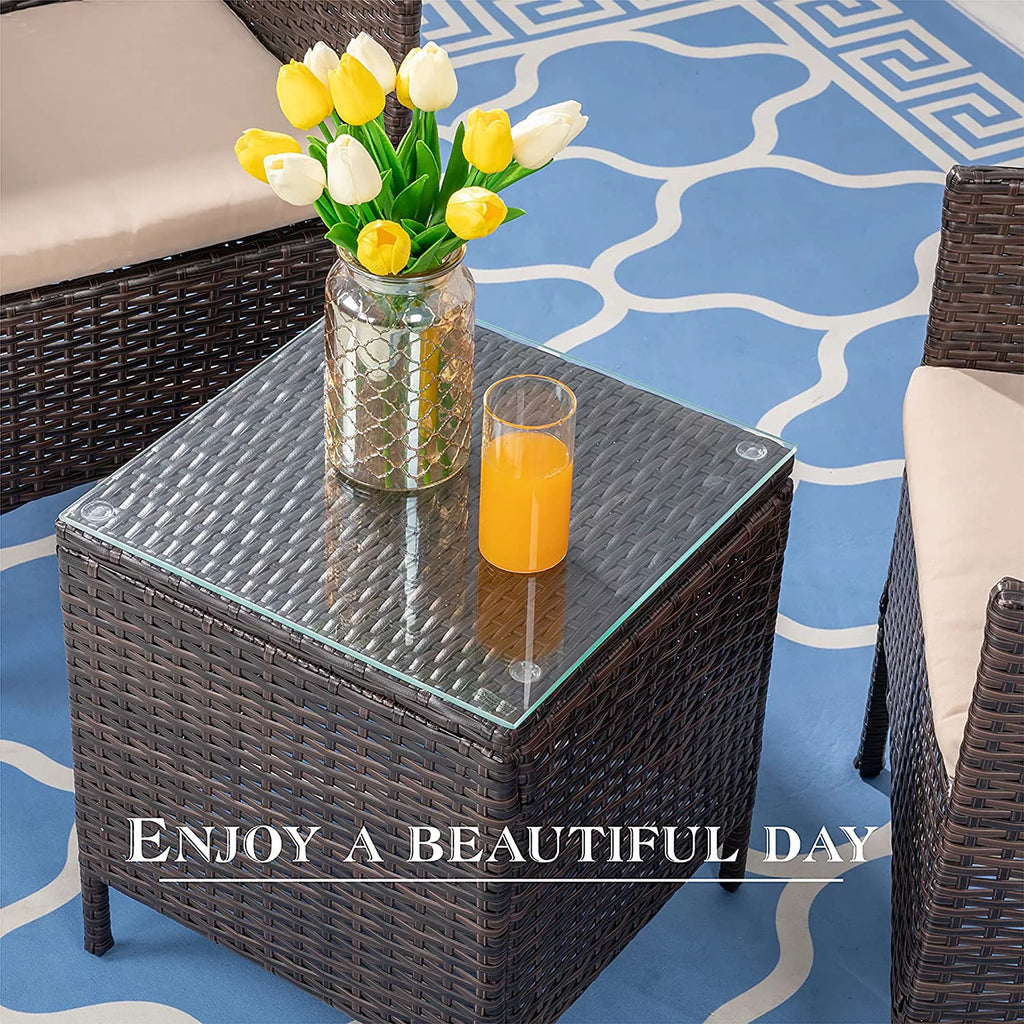 3 Pieces Outdoor Patio Furniture Set with Cushions and Coffee Table Brown C379