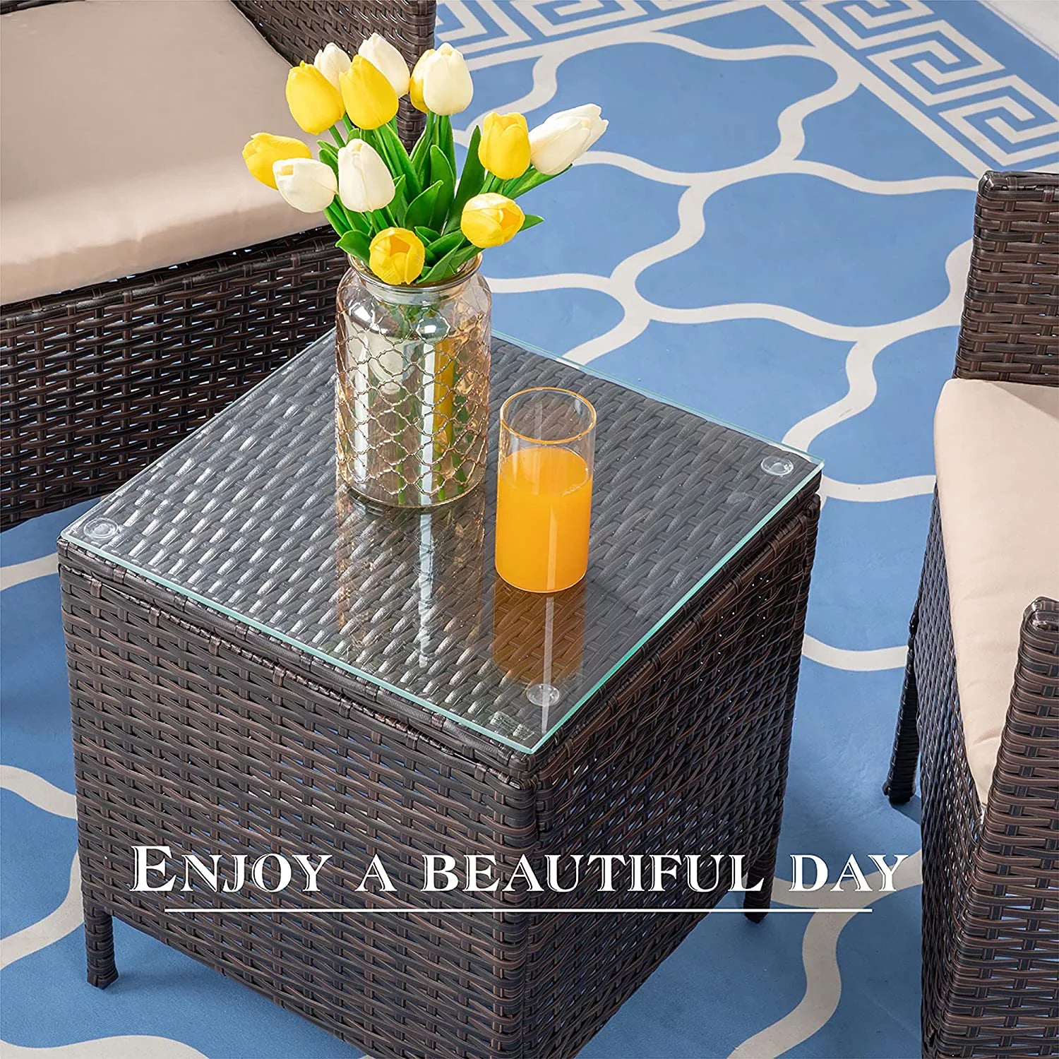 3 Pieces Outdoor Patio Furniture Set with Cushions and Coffee Table Brown C379