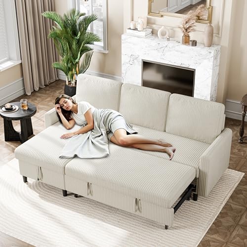 Beige Corduroy L-Shaped Sleeper Sofa with Storage J29785