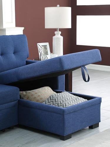 Blue Linen L Shaped Sectional Sofa with Pull Out Bed and Storage Chaise A474041
