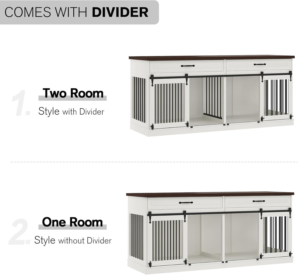 White Wooden Dog Kennel with Sliding Barn Doors and 2 Drawer M679762