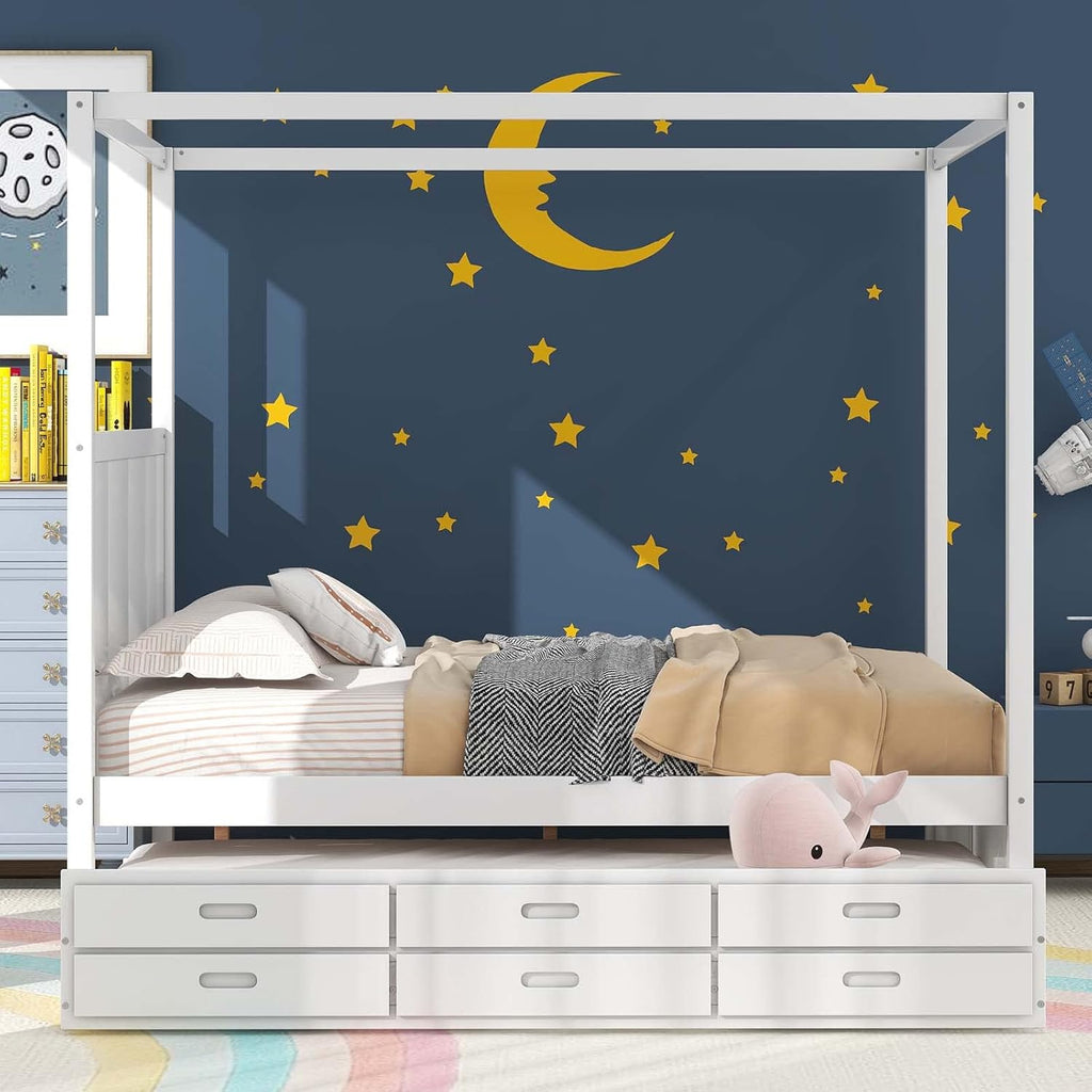 White Queen Size Wood Canopy Platform Bed with Twin Size Trundle Bed and 3 Storage Drawers Z926167