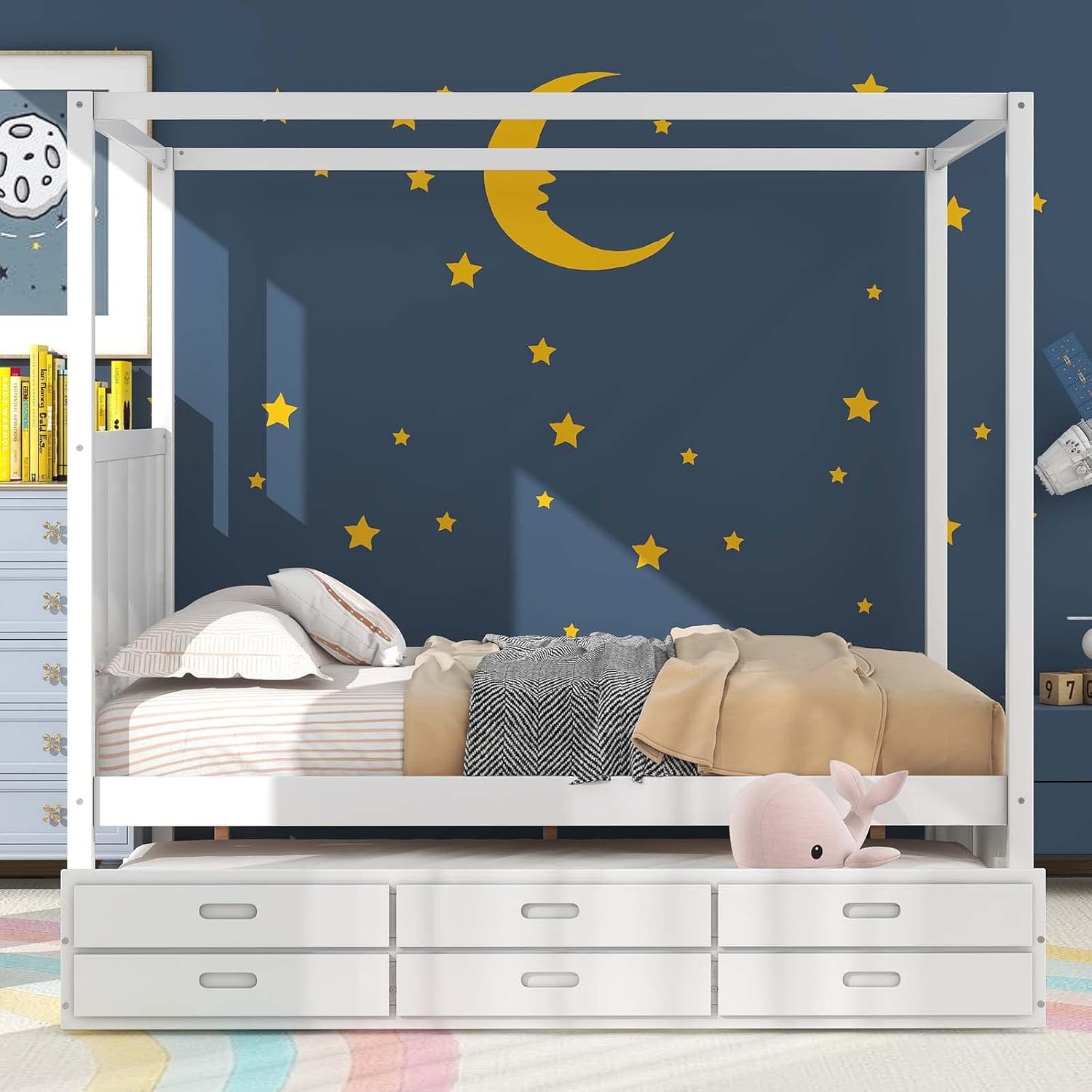 White Queen Size Wood Canopy Platform Bed with Twin Size Trundle Bed and 3 Storage Drawers Z926167