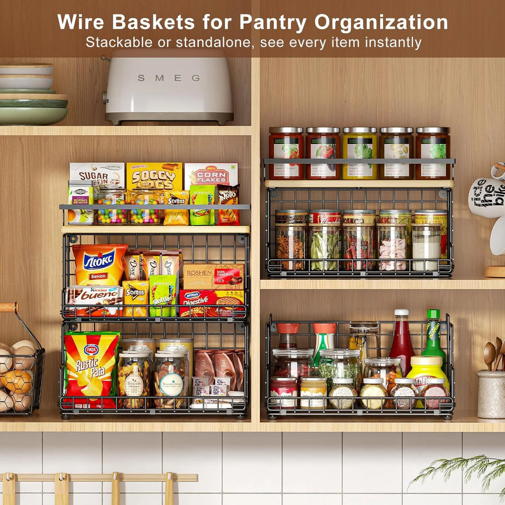 Black 3-Tier Stackable Snack Organizer with Pine Wood Top W44135
