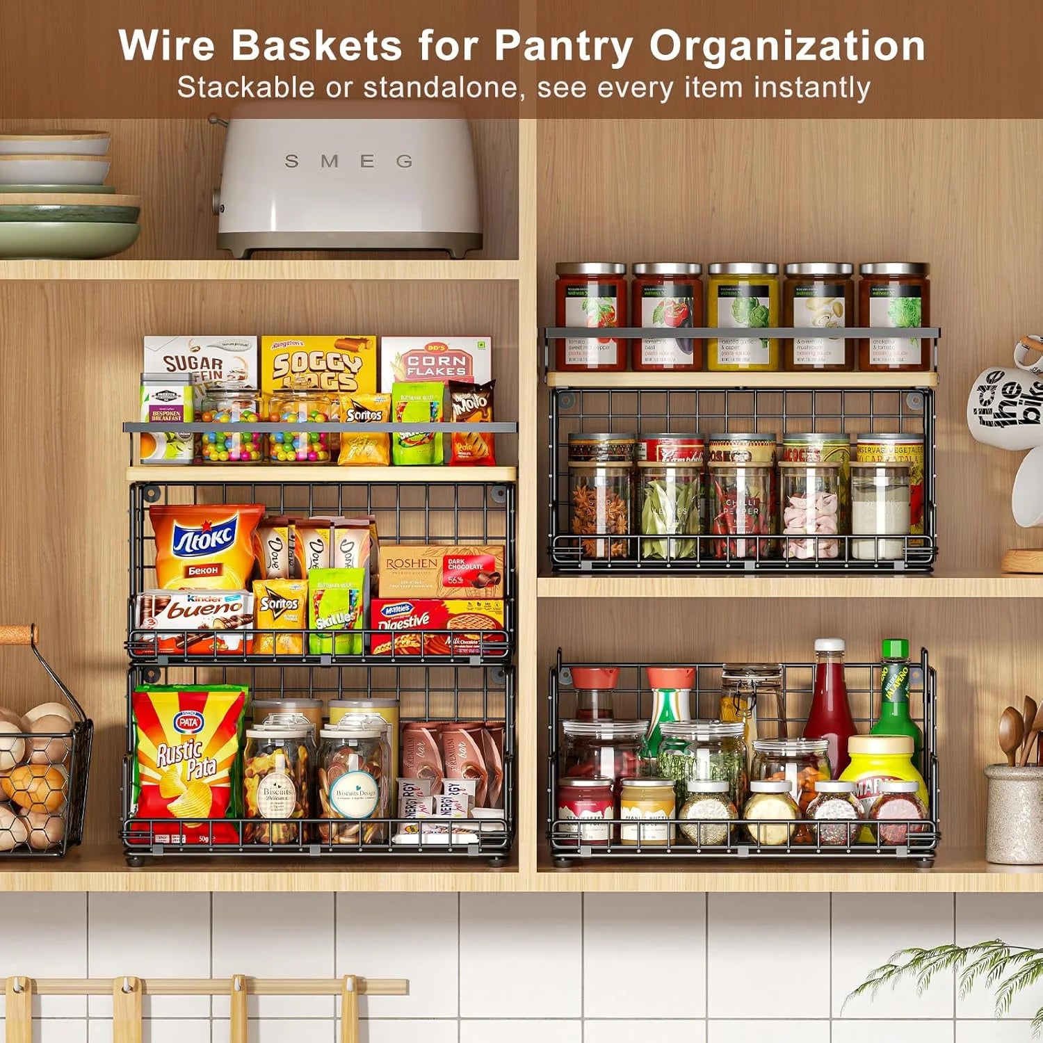 Black 3-Tier Stackable Snack Organizer with Pine Wood Top W44135
