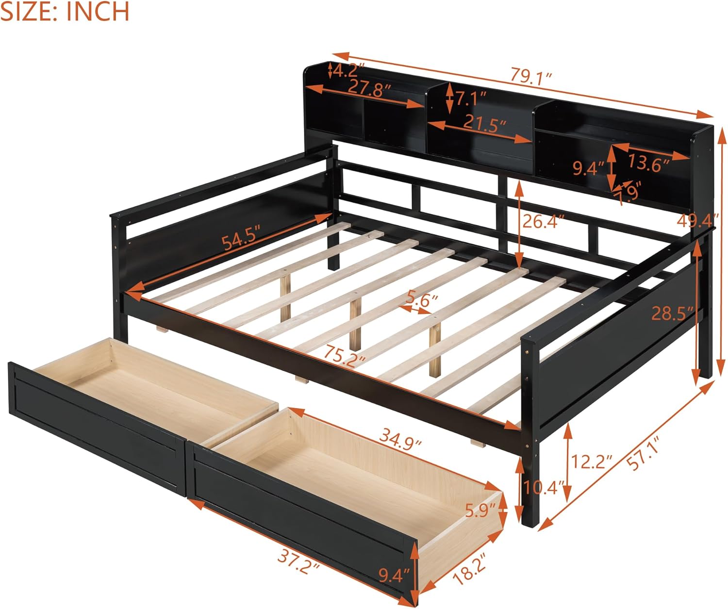Espresso Full Size Wood Daybed with 2 Storage Drawers L8018