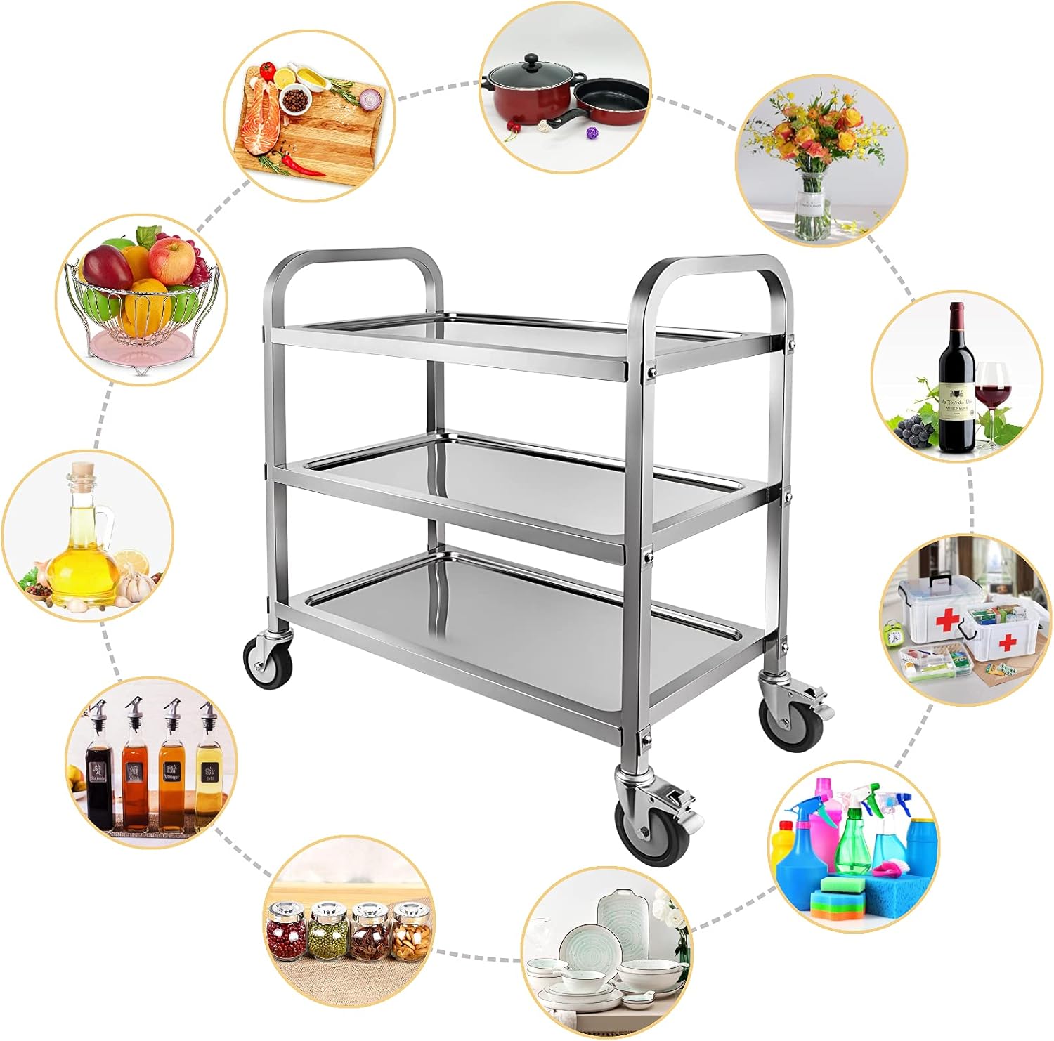 3 Tier Stainless Steel Utility Cart with Locking Wheels S718709