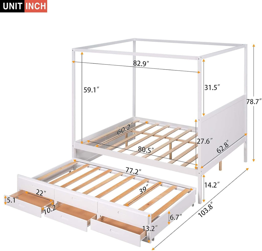 White Queen Size Wood Canopy Platform Bed with Twin Size Trundle Bed and 3 Storage Drawers Z926167