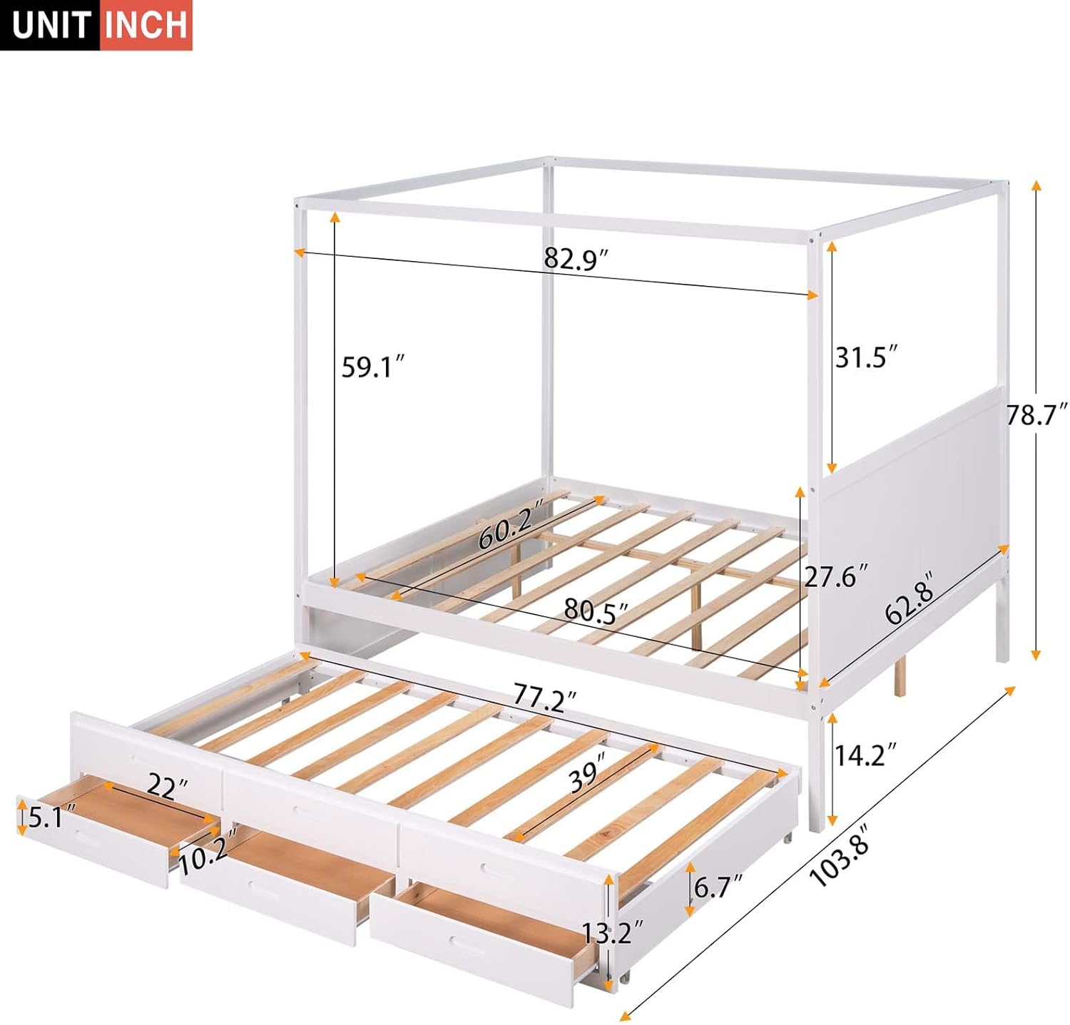 White Queen Size Wood Canopy Platform Bed with Twin Size Trundle Bed and 3 Storage Drawers Z926167