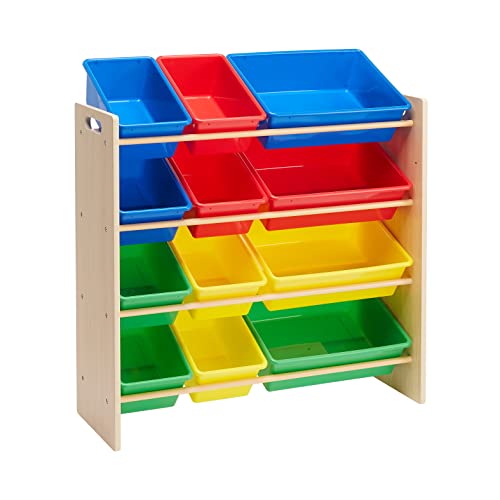 White Wood Kids Toy Storage Organizer with 12 Plastic Pink Bins E89362
