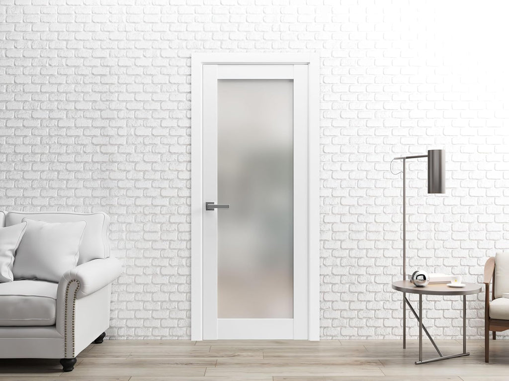 Frosted Glass Door Panel Slab 32 x 84 White Silk Solid Wood Core Interior Door G497904