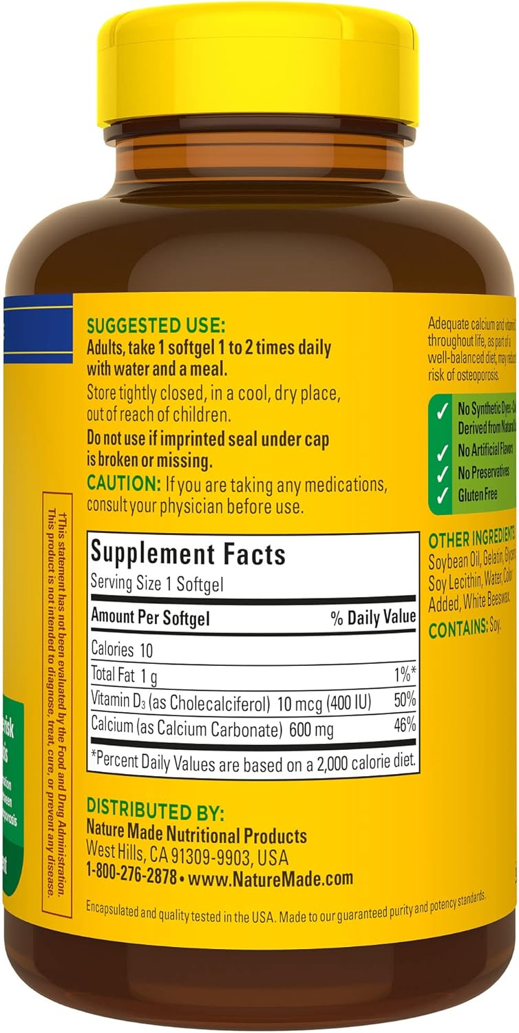 Calcium 600 mg with Vitamin D3 Dietary Supplement 100 Softgels U676472