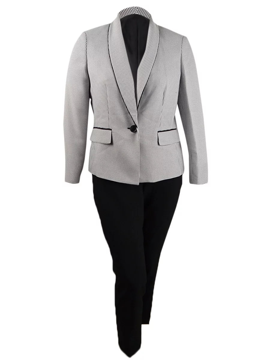 Women's Petite Contrast-Jacket Pantsuit (4P, Ivory/Black) A1351