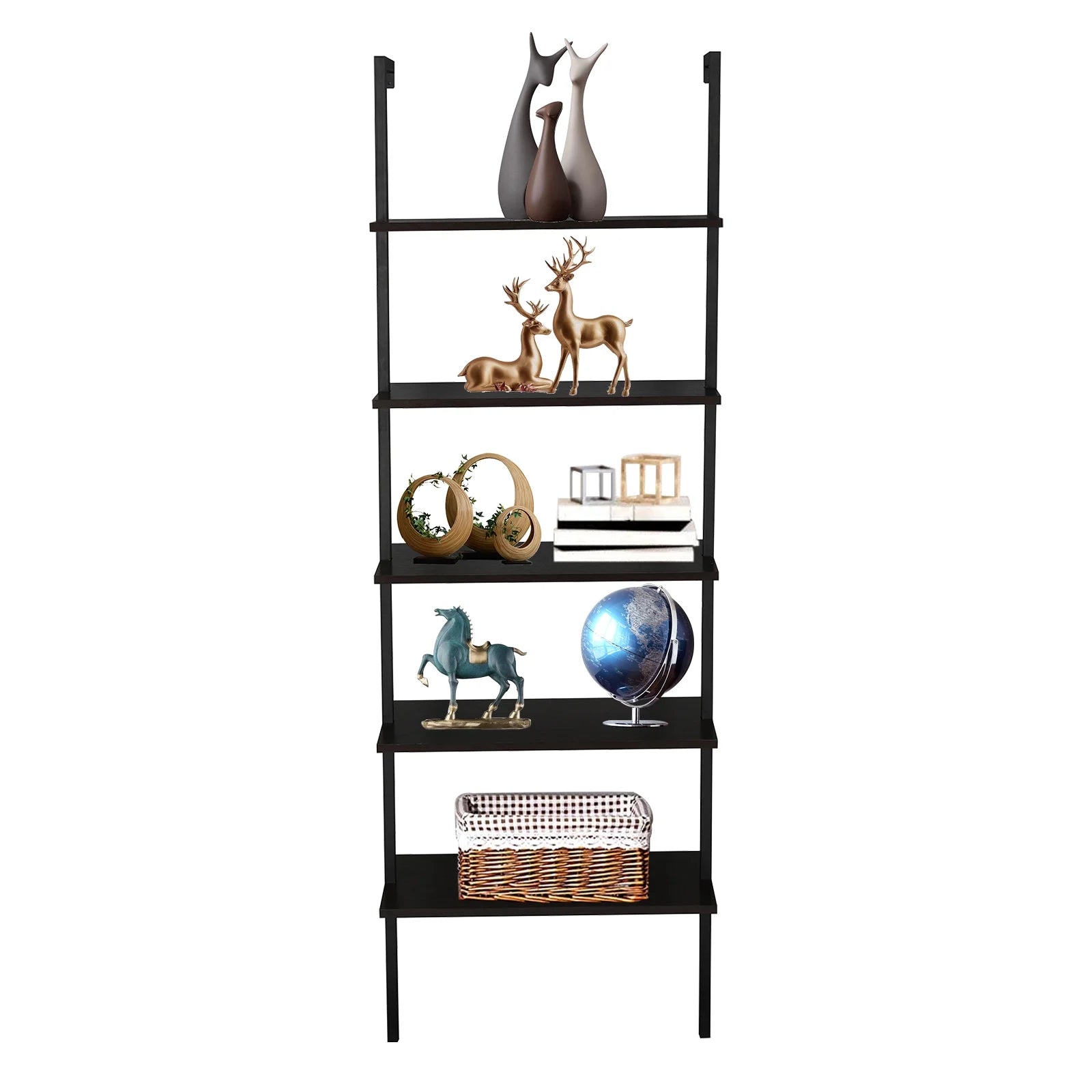 Dark Walnut 5-Shelf Wood Ladder Bookcase with Metal Frame T763088