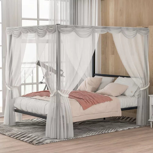 Black Metal Queen Canopy Bed Frame with Headboard Q2932