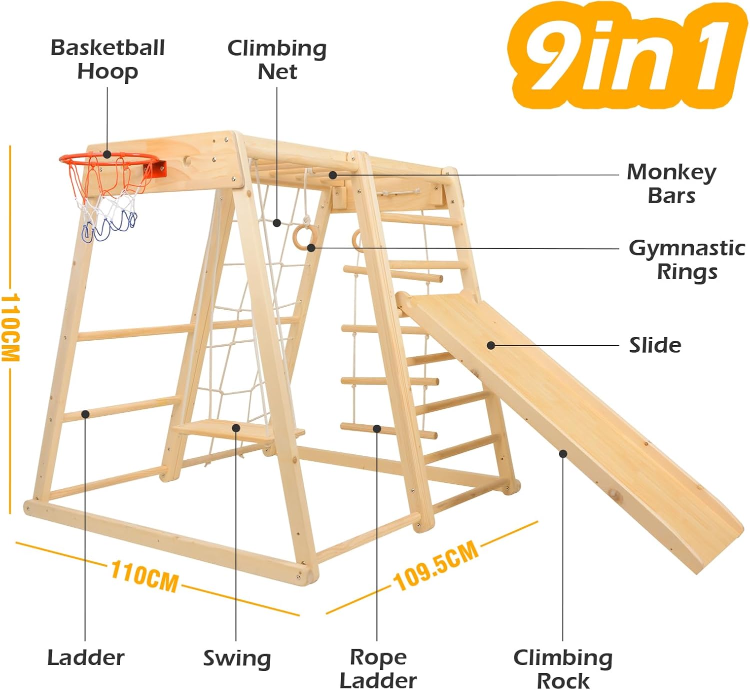 Wood Playset 9-in-1 with Slide, Basketball, Swing, Jungle Gym, Swedish Ladder, Monkey Bars, Rope Ladder, Rock Wall Dome Q7352