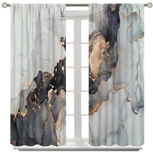 Navy Blue Gold Geometric Marble Curtains, 42x45 Inches Set 2 Panels Q53609