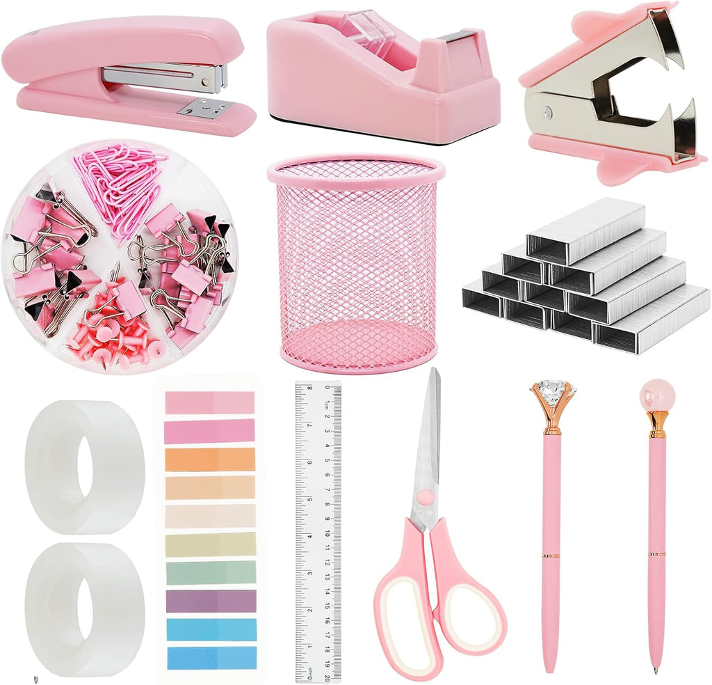 Pink Office Supplies Set with Stapler, Tape Dispenser, Pen Holder, 1000 Staples K26377
